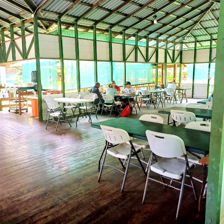 dining-hall-sirena-station-corcovado-national-park-osa-outdoors-adventures Dining hall at Sirena Station, Corcovado National Park, Costa Rica – shared eating area for visitors during overnight rainforest tours with Osa Outdoors Adventures.