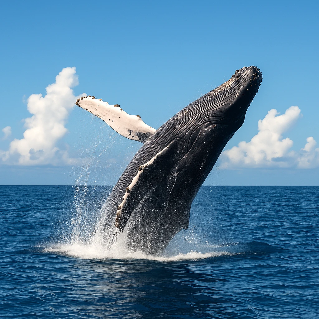 Ballena jorobada saltando sobre el océano durante un tour de avistamiento en Bahía Drake, Costa Rica. Humpback whale breaching during a whale watching tour in Drake Bay, Costa Rica.