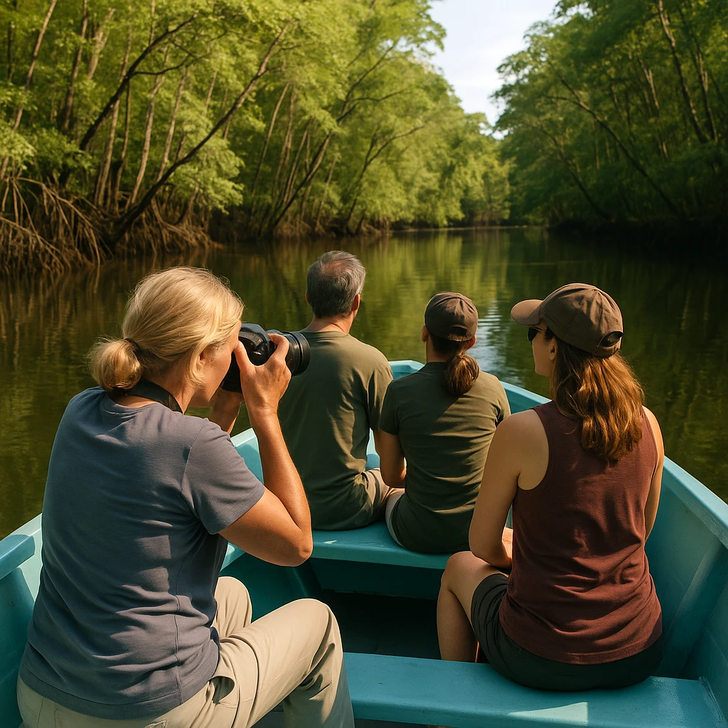 Tour en bote por los manglares de Sierpe, Costa Rica, con turistas observando la vida silvestre y tomando fotografías. Mangrove boat tour in Sierpe, Costa Rica, with travelers exploring and photographing the wildlife.