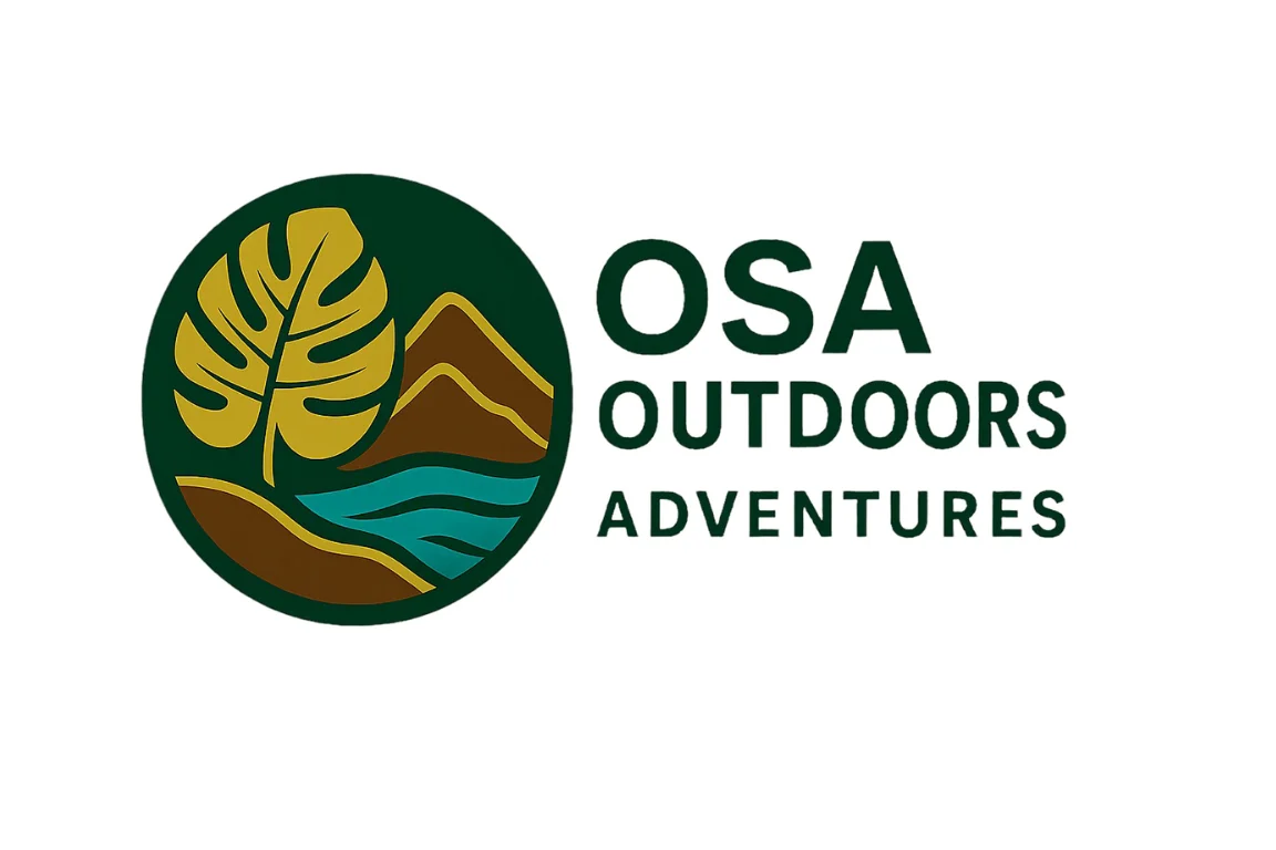 Logo of Osa Outdoors Adventures, featuring a tropical leaf, mountains, river, and forest colors representing nature and ecotourism in Drake Bay, Costa Rica.