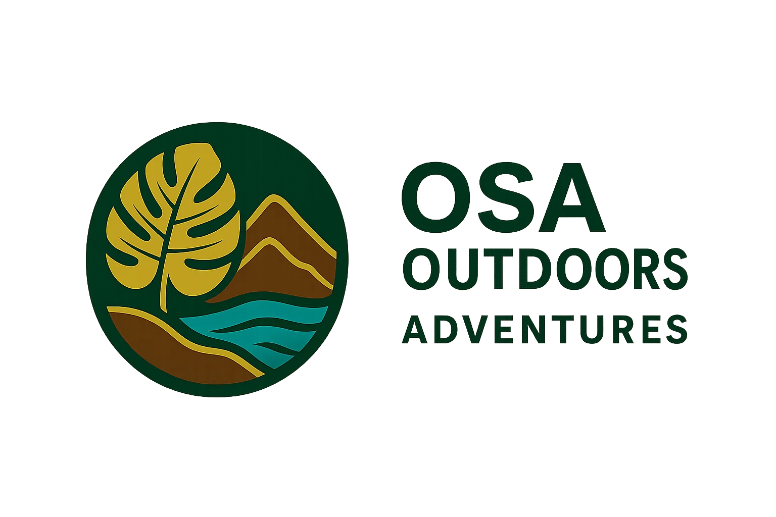 Logo of Osa Outdoors Adventures, showing a tropical leaf, mountains, and river that represent the biodiversity of Drake Bay and Coto Brus, Costa Rica.