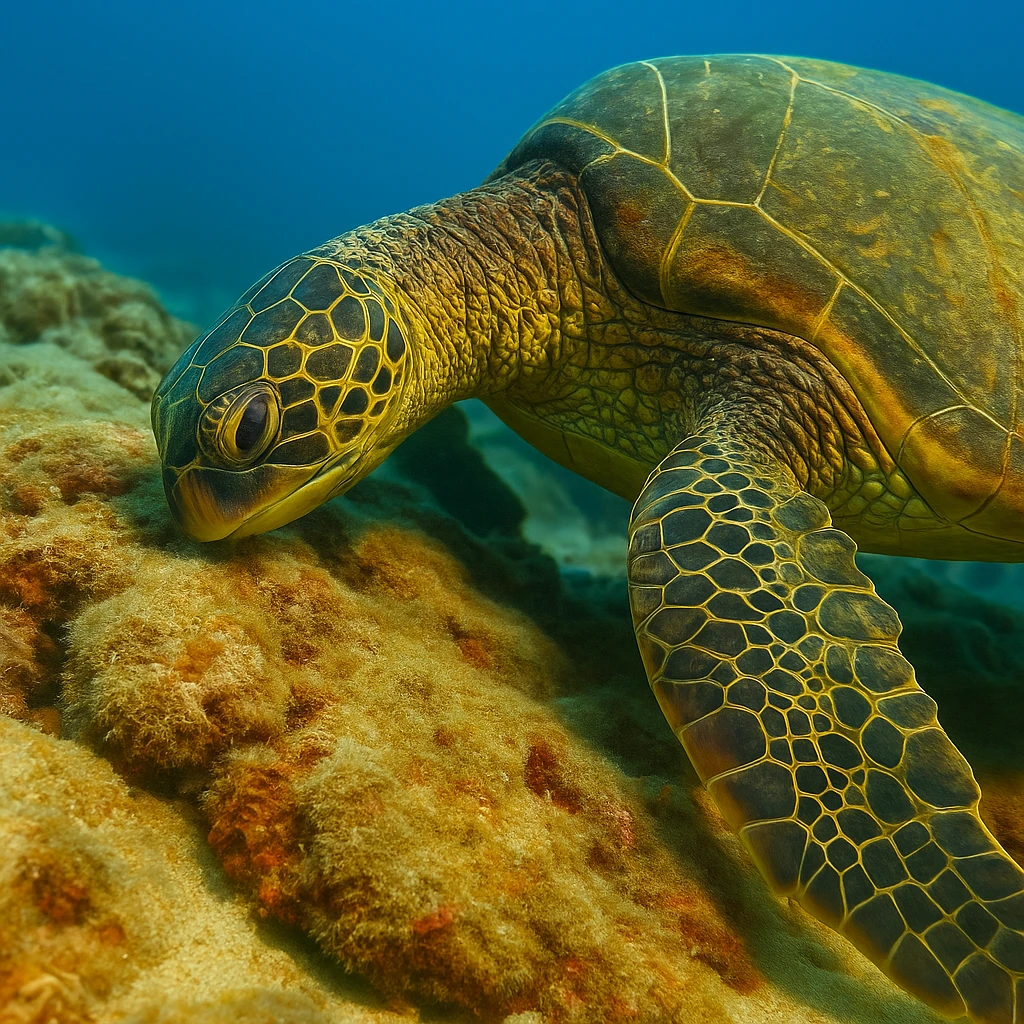 Tortuga marina nadando sobre arrecifes de coral en la Isla del Caño, Costa Rica, durante un tour de snorkeling. Sea turtle swimming over coral reefs at Caño Island, Costa Rica, during a snorkeling tour.