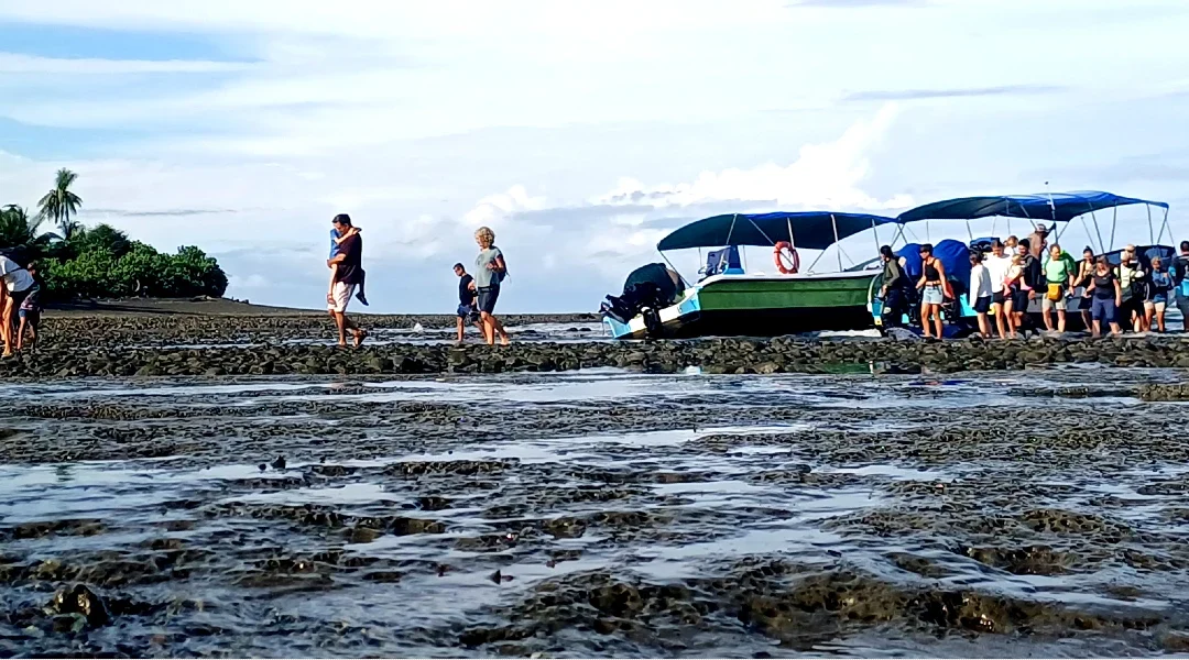 Tourists landing on the rocky beach at Sirena Station during low tide, Corcovado National Park.