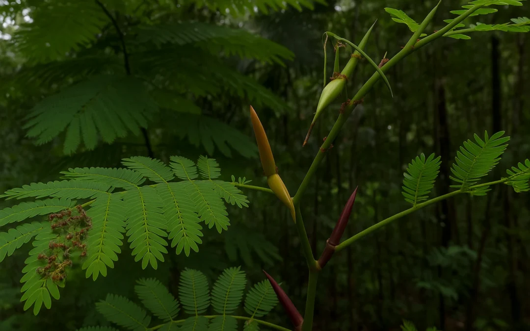 Vachellia allenii tree in Costa Rica’s Osa Peninsula with ants living on its horn-shaped thorns and compound leaves.