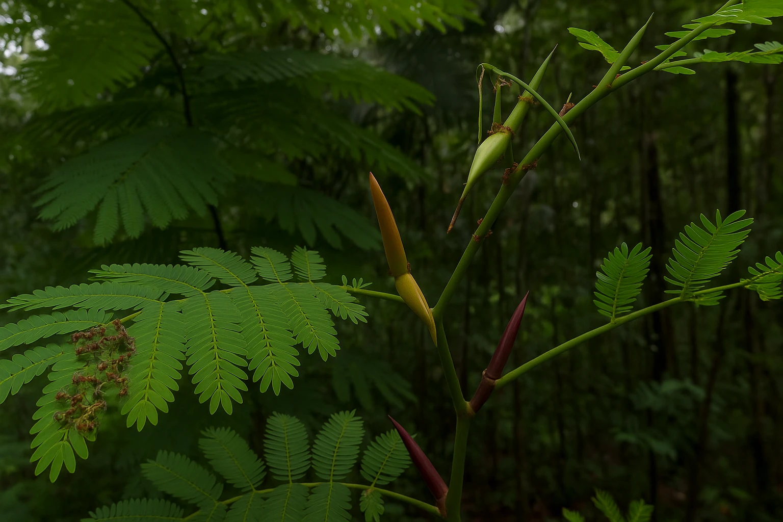 Vachellia allenii tree in Costa Rica’s Osa Peninsula with ants living on its horn-shaped thorns and compound leaves.